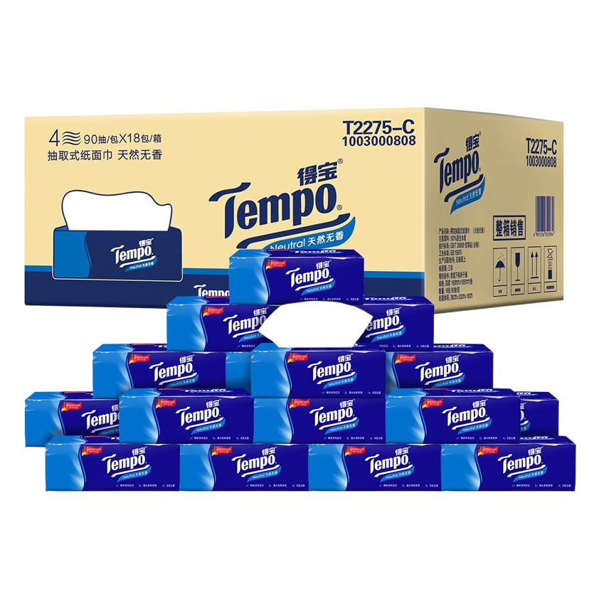 Pañuelos Tempo Debao 4 capas caja completa 90 cajones 18 paquetes tejido facial grueso