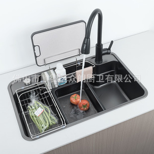 Korean Style 304 Stainless Steel Brushed Embossed Nano Black Large Single-Slot Integrated Stretch Sink Kitchen Sink 8551