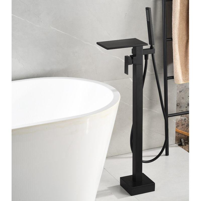 Square black and white gold edge floor-standing waterfall, rotating floor-standing bathtub, faucet, shower head, single handle, upright undefined