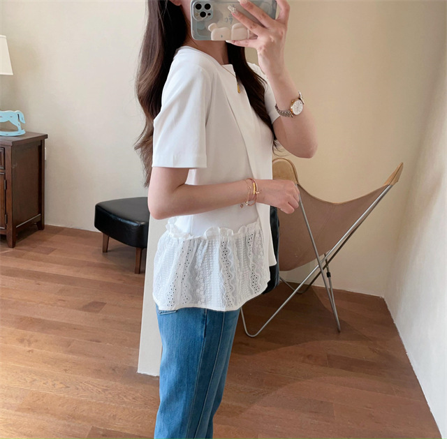 Design sense: Unconventional irregular hollowed-out embroidery patchwork hem, loose short-sleeved T-shirt for women, Spring/Summer 2025 G032206 pic 22