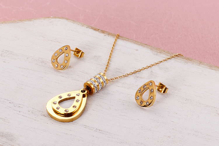 new European and American creative titanium steel drop stick diamond necklace earrings suit wholesal