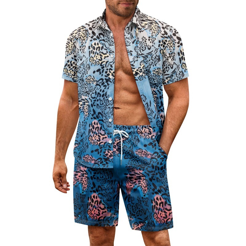 One-piece order tropical cactus floral rainforest print men's Cuban collar shirt cardigan beach pants suit