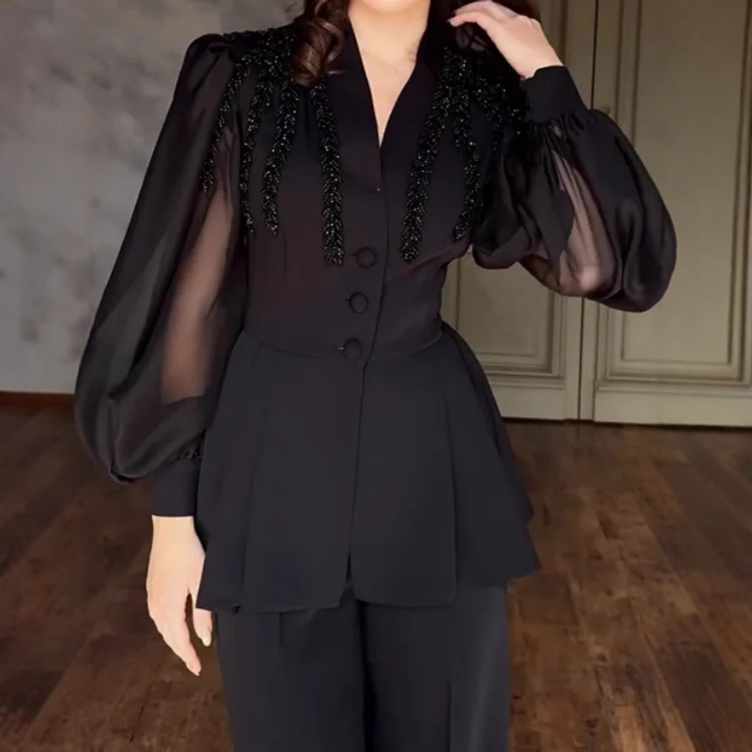 Luxury Rhinestone Jumpsuit – Spring/Summer Elegant One-Piece Pantsuit With Puff Sleeves & High Waist For Women (Black)_ecoleips.com