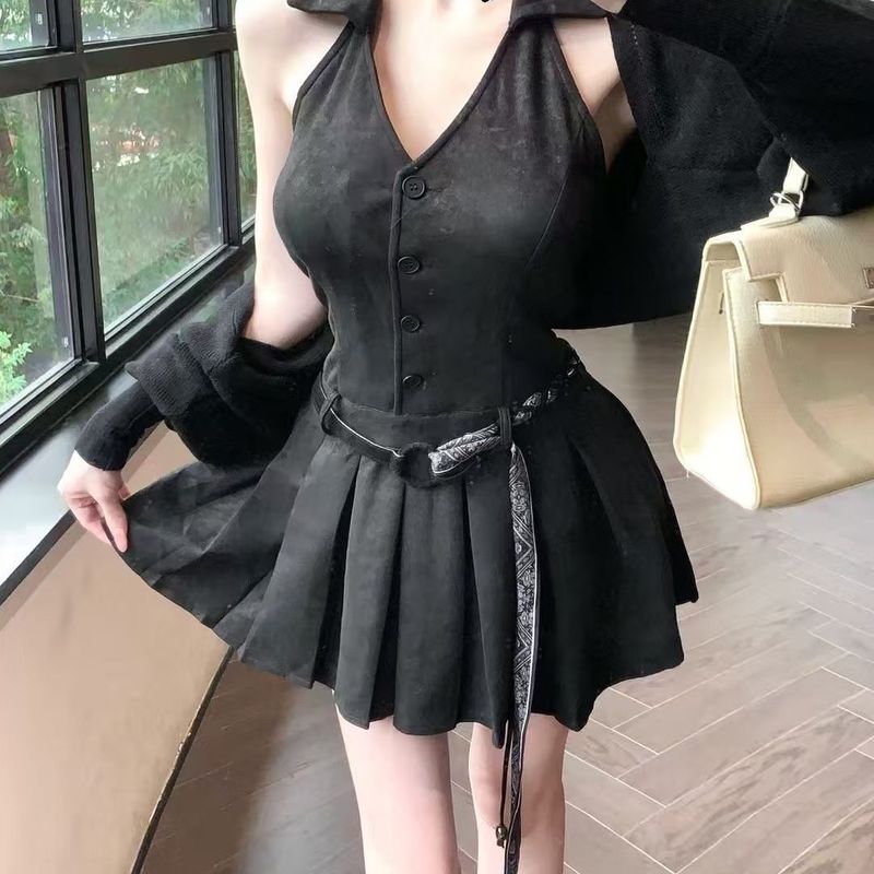 辣妹25美拉德穿搭秋季新款气质显瘦无袖背心连衣裙女配腰带开衫|undefined