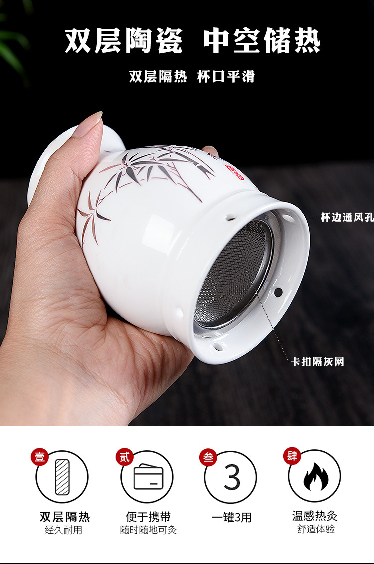Ceramic Moxibustion Jar Double Layer Anti-Scald Design with Gua Sha Function Portable Warming Device 10.5x6.5x5.5 cm key features