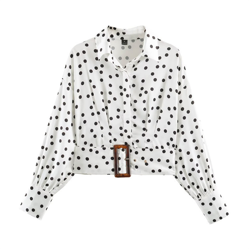Cross-border women's fashion: 2026 autumn new collection, European and American style, fashionable, waist-cinching, stand-up collar, short, and stylish polka dot shirt Cross-border women's fashion: 2026 autumn new collection, European and American style, fashionable, waist-cinching, stand-up collar, short, and stylish polka dot shirt