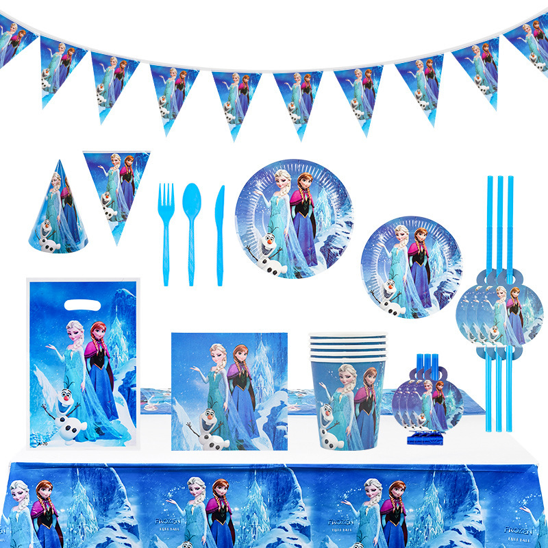Frozen Birthday Theme Party Paper Plate Tableware Elsa Anna Princess Flag Cup Plate Tissue Package