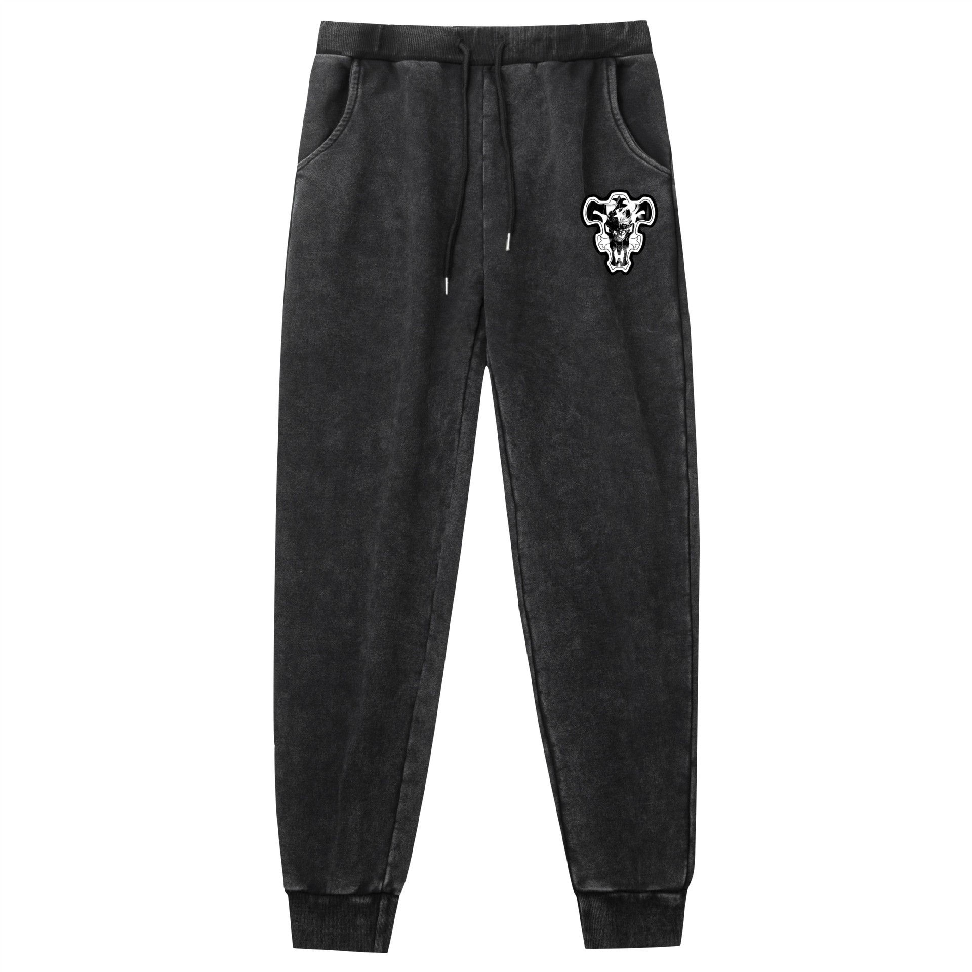 Lavado y desgastado pantalones retro negro trébol de cuatro hojas Black Clover venta caliente estampado al aire libre deportes de ocio