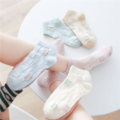 春季新款襪子女立體小花船襪女馬卡龍色系短款女襪韓式小花棉襪