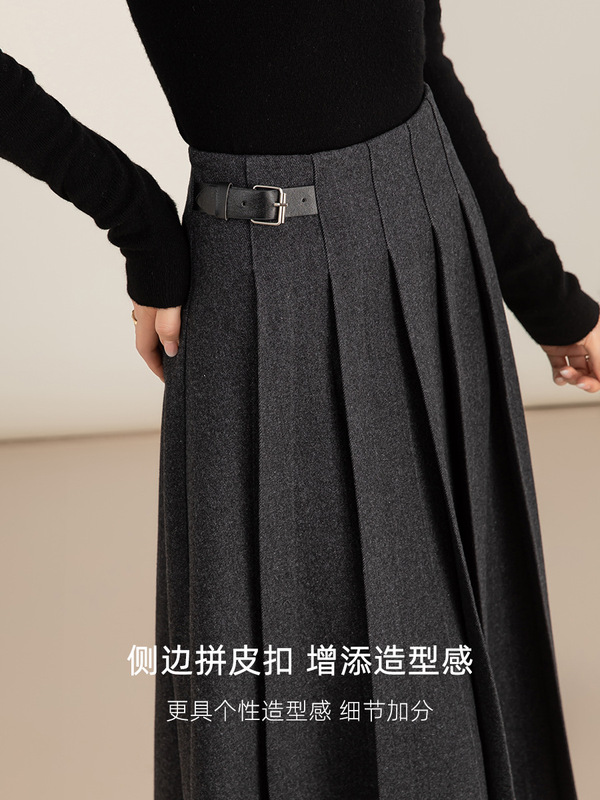 鑫阁 醋酸羊毛呢半身裙女新款秋冬高腰中长款显瘦灰色a字百褶裙子|undefined