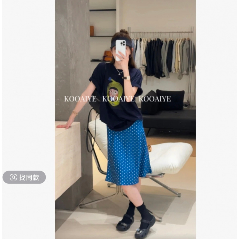 Bubble Girl Summer New Korean Style Casual Loose Versatile Slimming Trendy T-Shirt with Polka Dots and Slimming A-Line Skirt