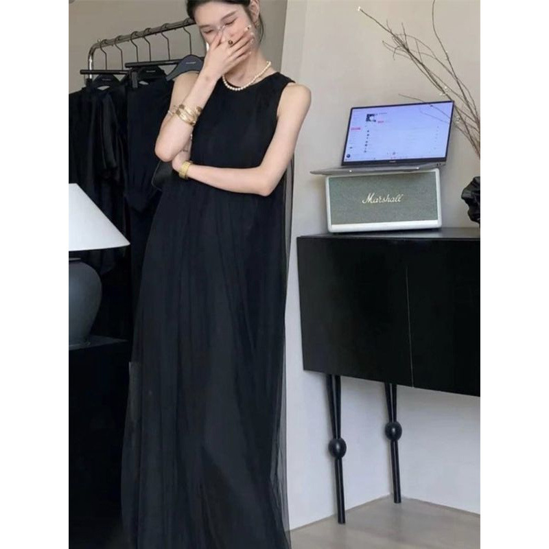 Elegant Streamers Gentle dress 2025 Summer New Round Neck Sleeveless Solid Color Mesh Loose A- line Skirt