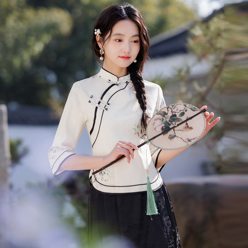 新款唐装中袖手绘改良旗袍茶艺国风汉服文艺学生新中式套装