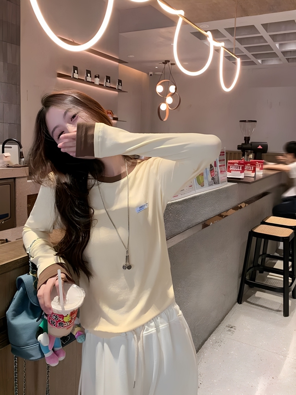 撞色假两件长袖t恤女带胸垫打底衫2025新款设计感修身外穿上衣秋|undefined