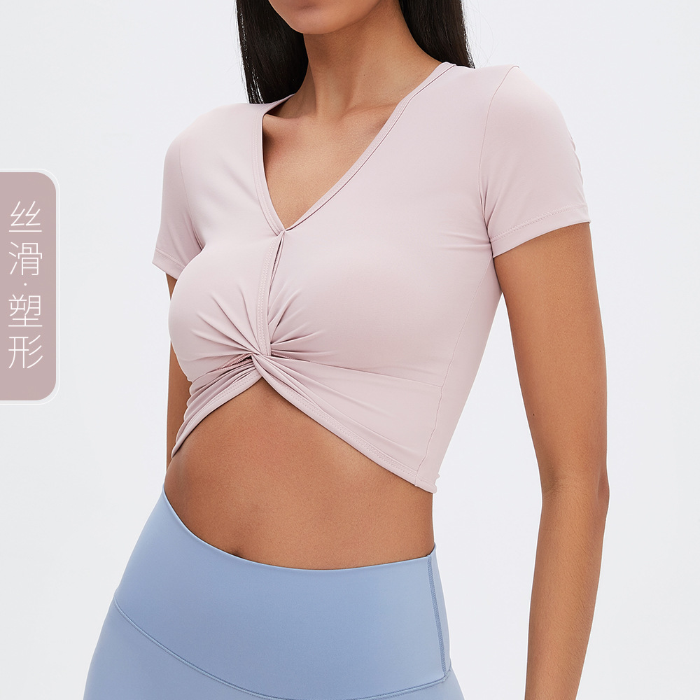 Nueva ropa de yoga transfronteriza ropa de fitness desnuda con cuello en V deportes Top manga corta primavera y verano ligero de secado rápido camiseta de Yoga para Mujeres