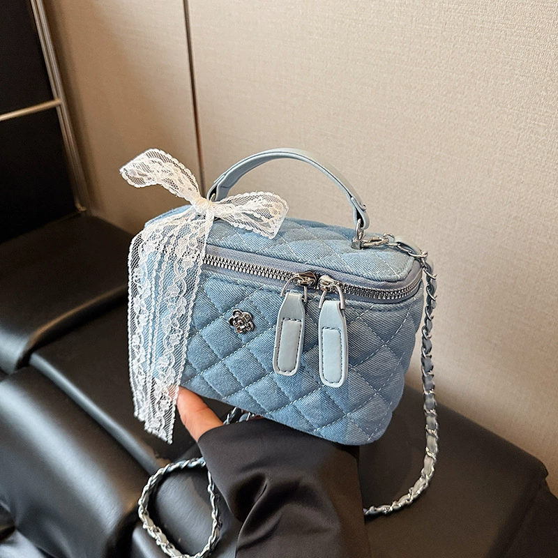 Denim Box Shoulder Bag, chain strap, light-luxury one-shoulder design, small & large