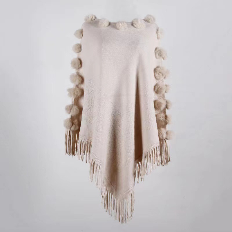 Tassel rabbit hair ball cape cape women's round neck pullover sweater_voghion.com