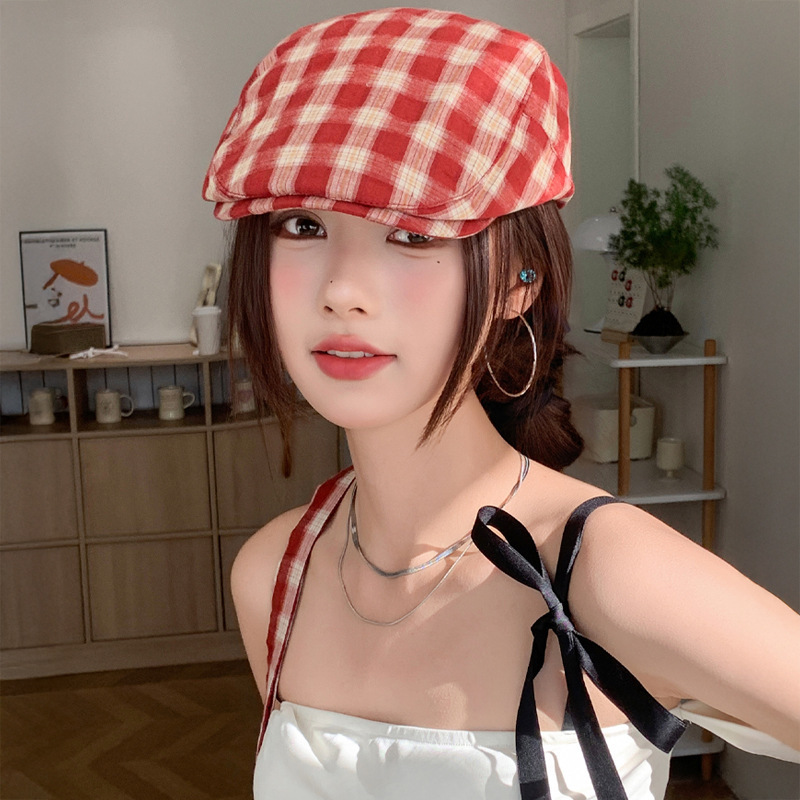 复古前进帽秋冬季新款英伦风格纹鸭舌帽子女休闲百搭正反戴贝雷帽|undefined