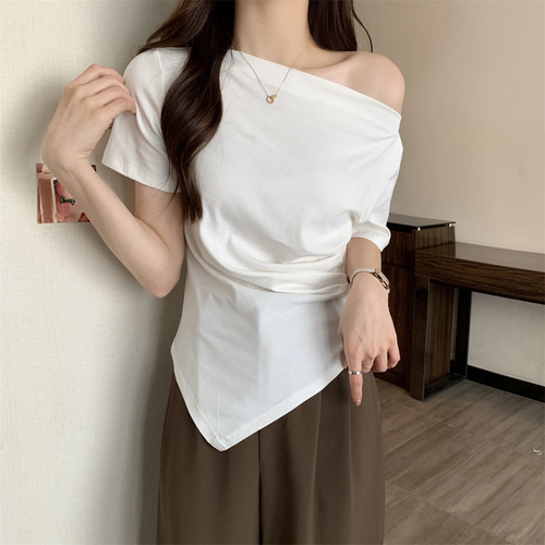 Pure Desire Unstructured One-Shoulder Pure Desire Sexy Short Sleeve T-Shirt for Women Summer French Shoulder-Baring Stylish Top for Women