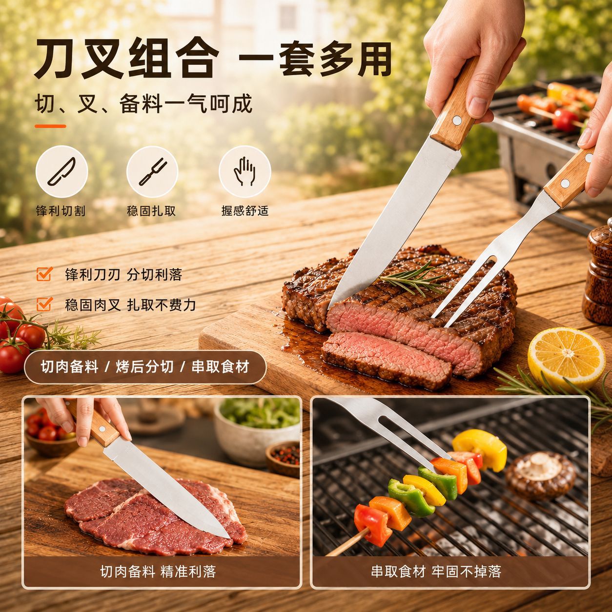 Juego Portable de Utensilios para Barbacoa de Acero Inoxidable con Mango de Madera para Camping