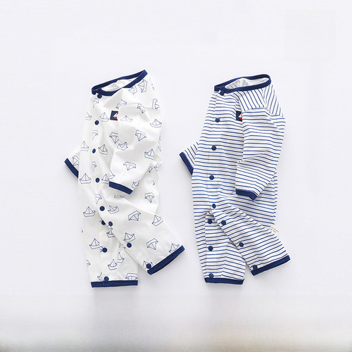 Baby pure cotton one-piece suit spring and summer new long-sleeved baby open-front navy style summer thin breathable crawling suit