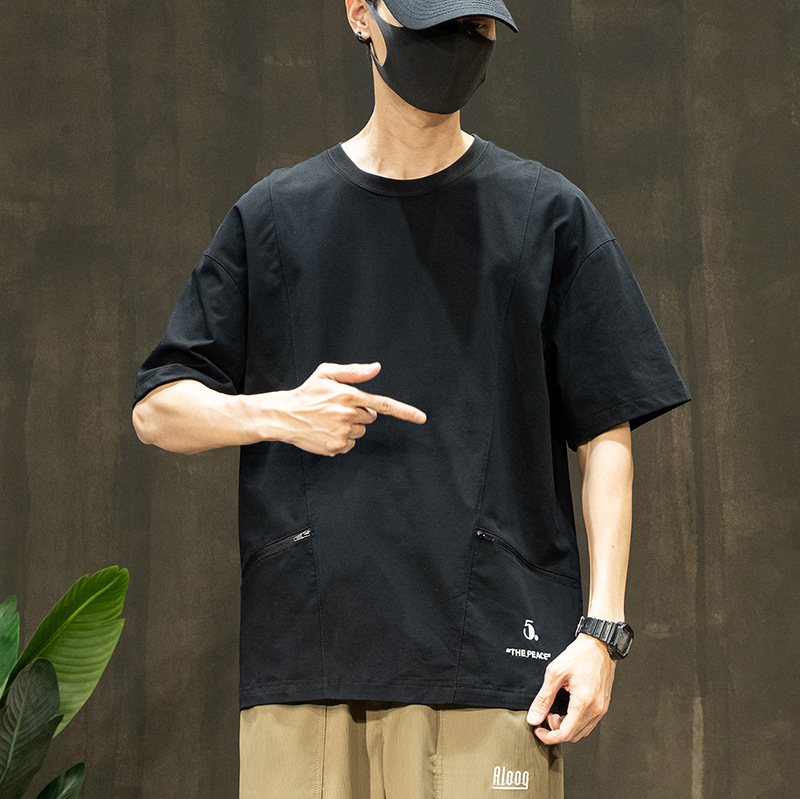 両側ファスナーデザイン感速乾半袖tシャツ男性ゆったり大きいサイズ夏冷感アイスtシャツポケット上着