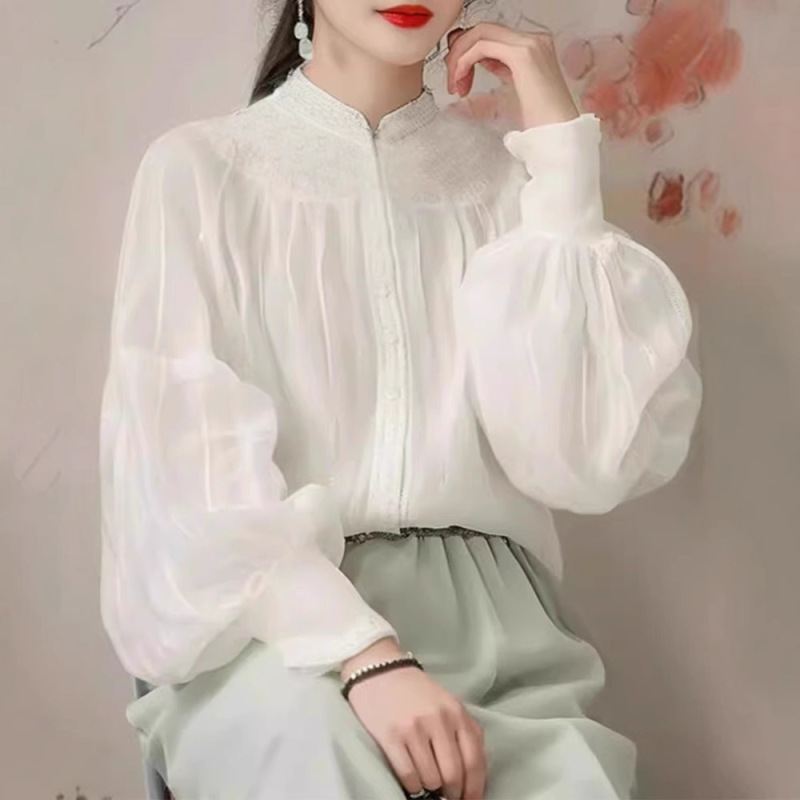 新しい中国風のハイエンドの絶妙なパフスリーブシフォントップ春のシックでユニークな超見栄えの良いレースシャツ女性用|undefined