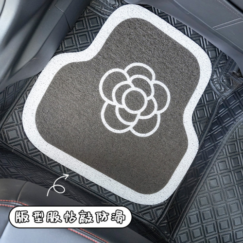 Car floor mats, wire ring printed car interior anti-dirty and anti-slip foot mats, internet celebrity light luxury camellia car protection mats