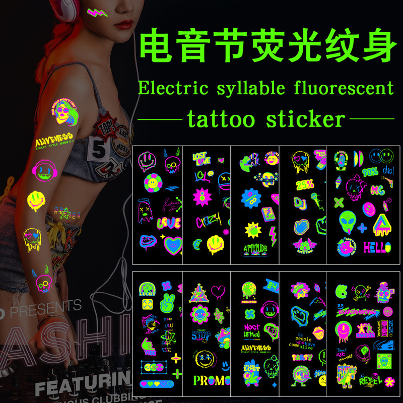 Cross-border new electric syllable tattoo stickers nightclub bar music festival party luminous notes cool fluorescent tattoo stickers