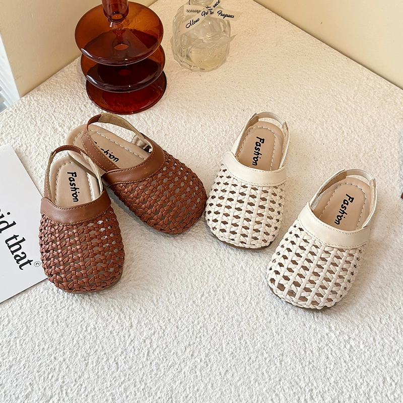 Трансграничные сандалии для девочек 2025 новый летний мягкий фон тканые булочки для малышей корейские сандалии для девочек пляжные туфли