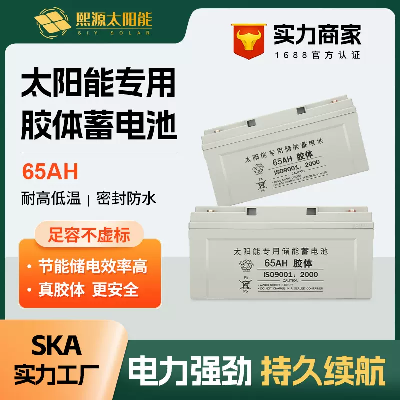 太阳能专用铅酸免维护胶体蓄电池12V65AH大容量家用路灯监控电瓶