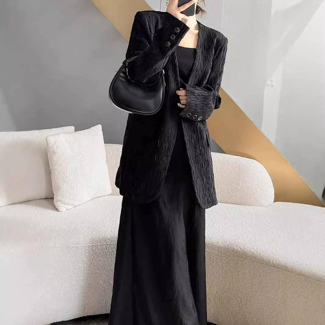 2024 весна и осень новый женский большой размер черный пиджак с V-образным вырезом