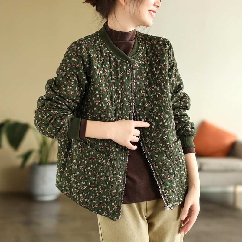 Original Retro Floral Cotton Jacket, New Winter Style for Women, Padded Loose Baseball Collar Diamond-Patterned Cotton Coat, Cross-Border