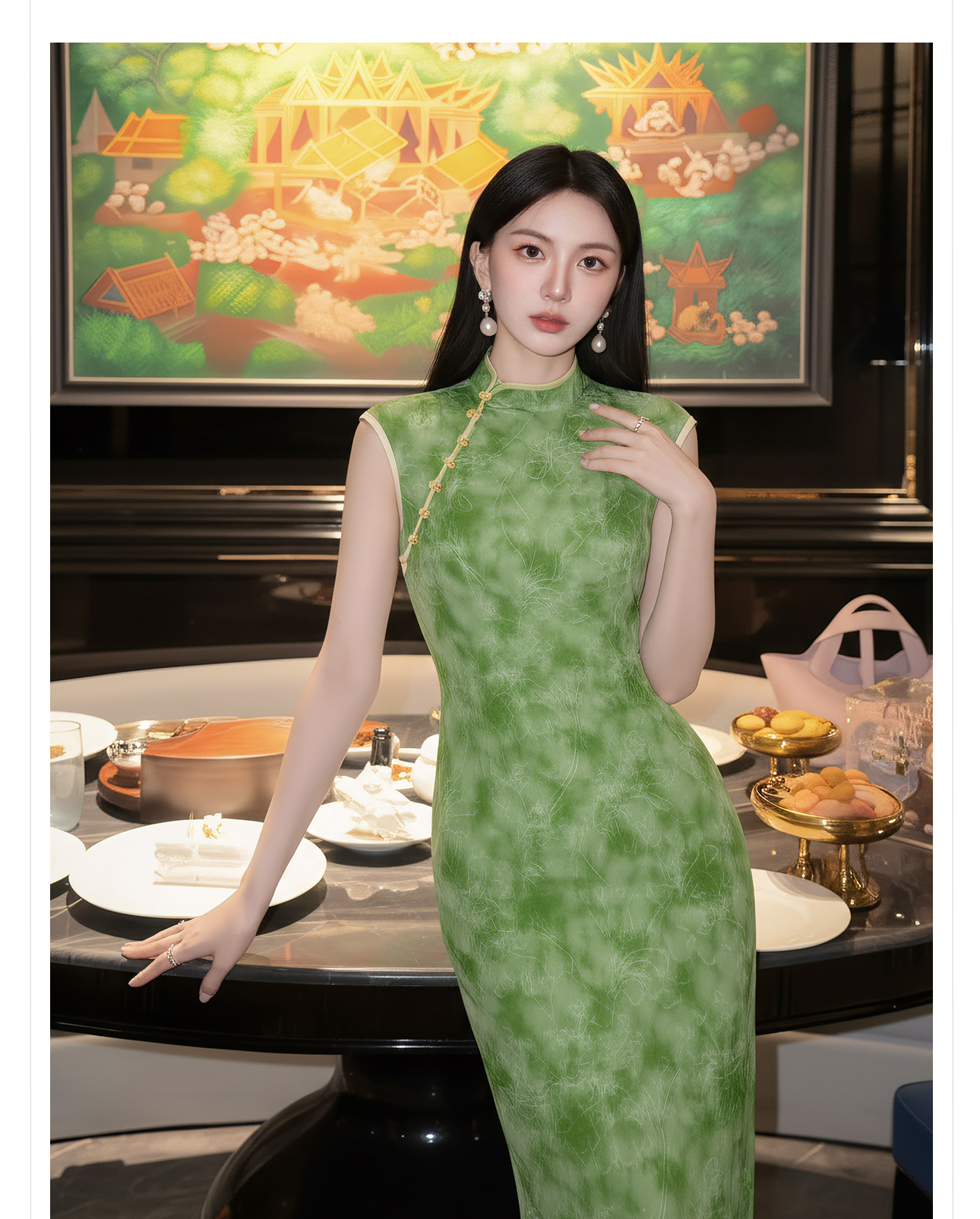 Đầm maxi nữ thắt eo cổ đứng tay dài họa tiết loang màu phong cách Tân Trung Hoa — Xanh lá cây nhạtcolor chi tiết 3