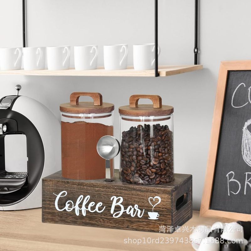 木製ガラスコーヒー缶収納棚キッチン食品貯蔵タンク研磨コーヒー豆シールガラス缶ホルダー|undefined
