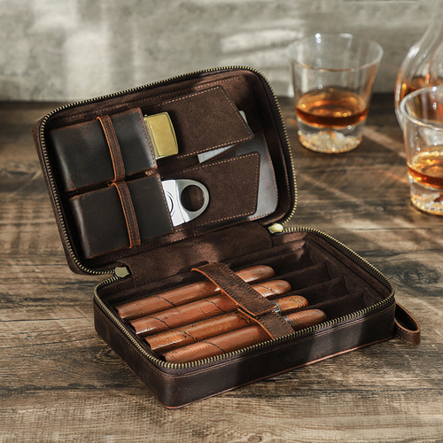 复古牛皮雪茄盒4支装手工制作手腕拉链户外旅行雪茄套装收纳盒