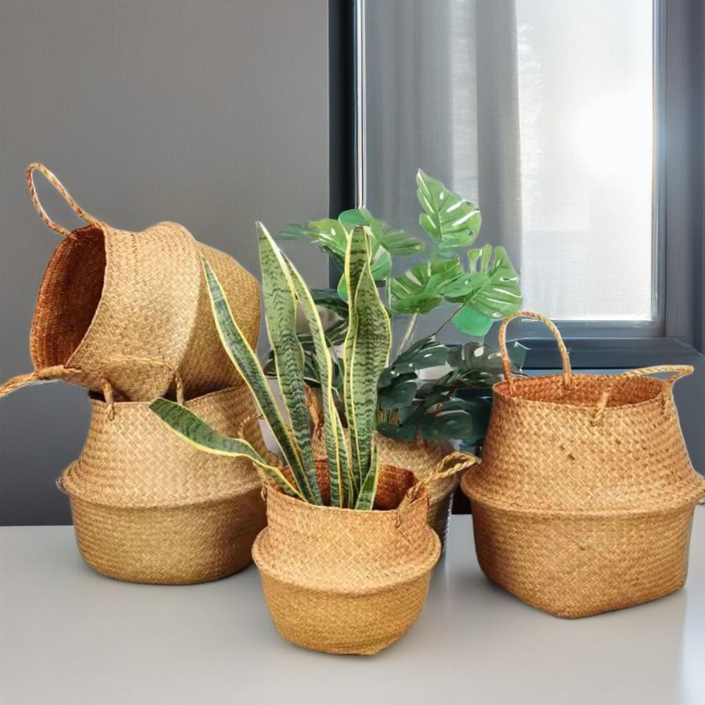 Seagrass Woven Flower Basket Straw Woven Flower Pot Rattan Hand Basket Storage Basket Plant Pot Home Living Room Decoration