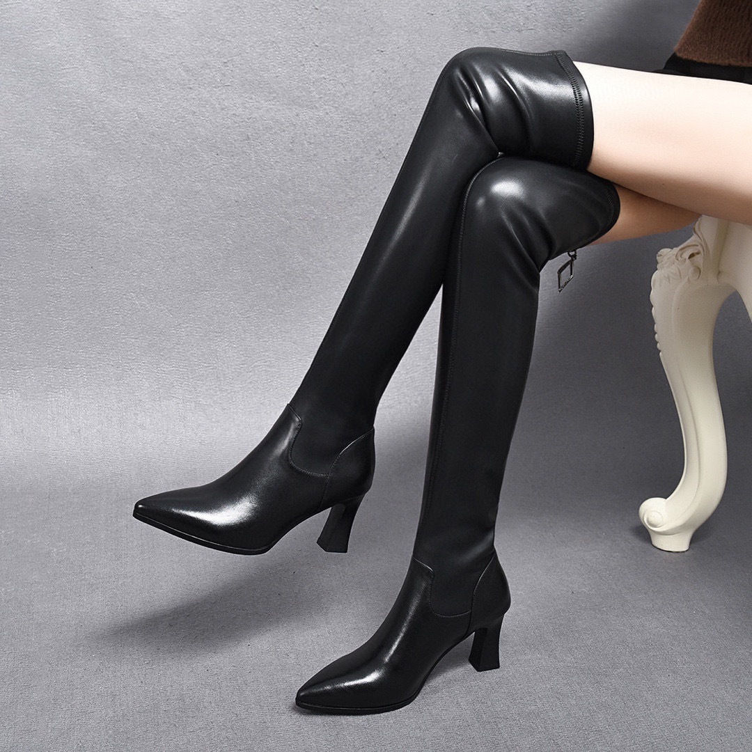 Autumn and winter new high heels plus cashmere warm comfortable cowhide pointed fashion boots long boots_voghion.com