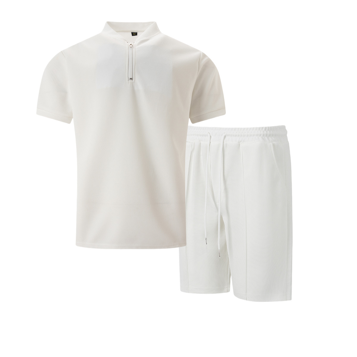 Men's Waffle Stand Collar Zip Set Casual Breathable Short Sleeve_voghion.com