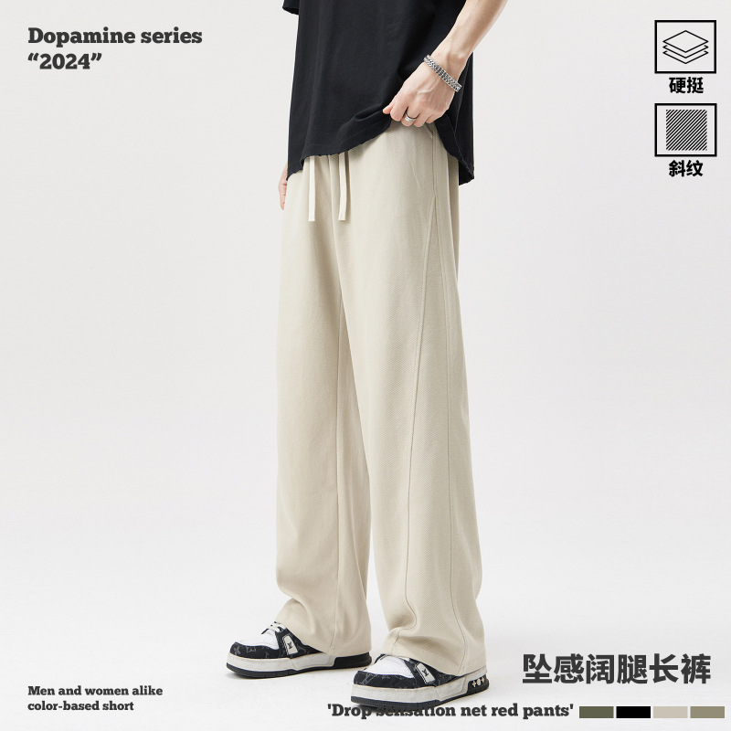 Rs Men's Clothing | Bajia Twill Wide-Leg Pants for Men, 270g Drapey Ins-Style Casual Cross-Border Patchwork Men's Pants, Drapey Casual Pants.