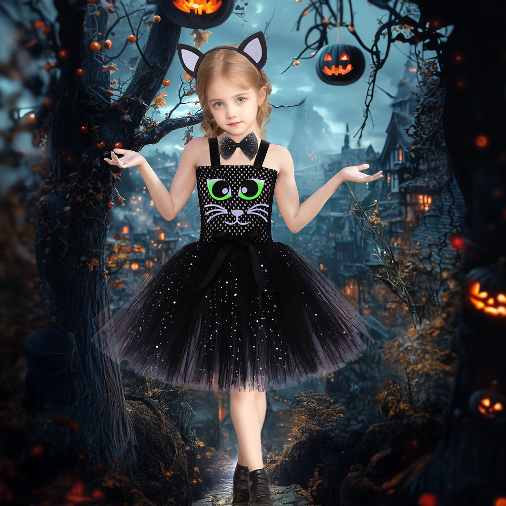 跨境新款猫咪公主裙女童角色扮演小猫表演服儿童舞台装扮演出服