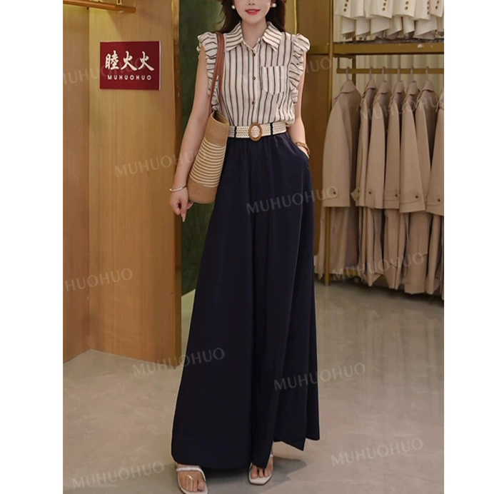 Летний легкий комплект: полосатая блузка с короткими рукавами + брюки с высокой талией и широкими штанинами, женский двухсоставной набор