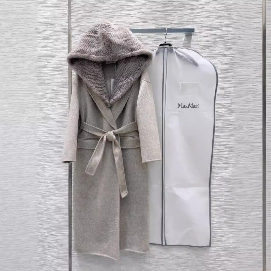 2025 New Winter Women's Imported Woven Mink Hooded Wool Coat Slim Mid-Length Outwear Bathrobe
