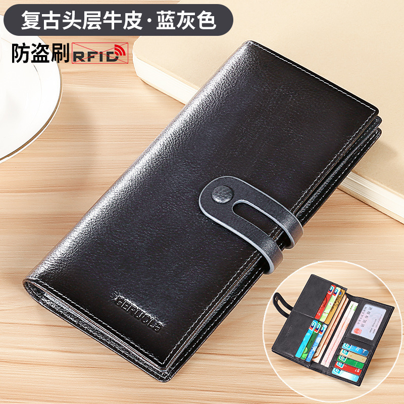 Cartera de cuero de capa larga para hombre, posición de múltiples tarjetas, bolso de embrague de cuero retro, billetera de cepillo antirrobo, hebilla de color