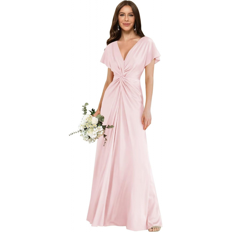 Europa y América transfronterizos 2026 verano nuevo satén de mangas cortas vestido de boda formal vestido de dama de honor