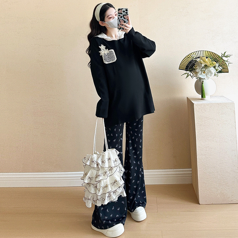 임산부 정장 봄 신상 레이스 스티칭 느슨한 긴팔 T + 프린트 플레어 팬츠 임산부 투피스 정장