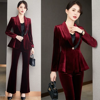 红色金丝绒西装外套女职业气质总裁上班播音主持人丝绒西服套装