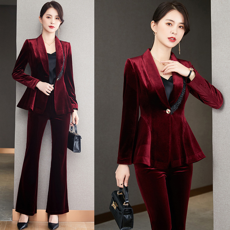 Red Gold Velvet Suit Jacket Female Professional Temperament President Work Broadcasting Host Velvet Suit suit