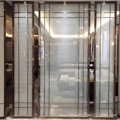 酒店大堂不锈钢夹丝玻璃屏风售楼处金属艺术玻璃隔断入户玄关工程