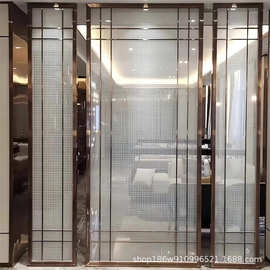 酒店大堂不锈钢夹丝玻璃屏风售楼处金属艺术玻璃隔断入户玄关工程